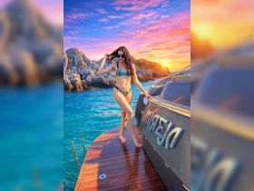 A woman poses on the deck of a boat during a stunning sunset, showcasing the perfect blend of relaxation and adventure on the water.