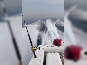 A dynamic view from the helm of a speedboat, showcasing the vessel's powerful wake as it navigates through open waters.