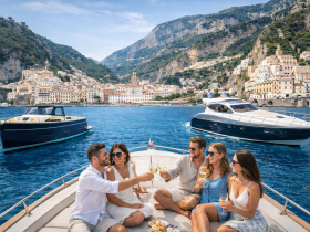 A joyful group toasts with cocktails aboard a yacht, surrounded by stunning coastal views — perfect for celebrations and unforgettable moments on the water.