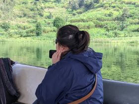A guest enjoys the serene view of lush greenery while seated on a boat, capturing the tranquil scenery with a phone. Perfect for nature lovers and scenic boat tours.