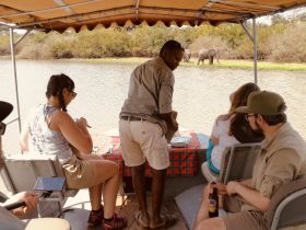 A group enjoys a scenic boat ride while observing elephants on the riverbank, complete with food and drinks for a memorable wildlife experience.