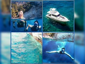 A couple enjoys snorkeling in crystal-clear waters, showcasing vibrant marine life and a boat anchored nearby — perfect for adventure seekers and ocean lovers.