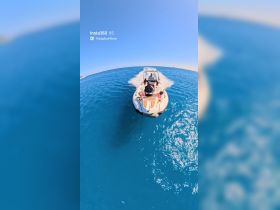 A speedboat glides through vibrant turquoise waters with passengers enjoying the ride — a perfect snapshot of adventure on the open sea.