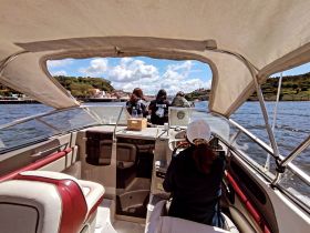 A group of friends enjoys a scenic boat ride, with one person at the helm and others taking in the views — perfect for a day of adventure on the water.