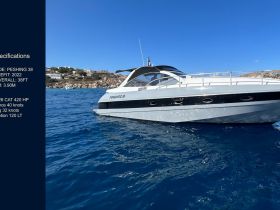 A sleek PERSHING 38 yacht showcased against a stunning blue backdrop, perfect for luxury boating experiences and charters.