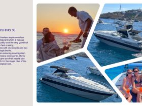 A couple enjoys a sunset toast aboard a Pershing 38, capturing the essence of luxury cruising in the stunning Aegean Sea.