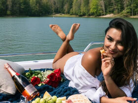 A woman enjoys a relaxing moment on a boat, savoring snacks and champagne amidst a picturesque lakeside backdrop — perfect for romantic getaways or celebrations.