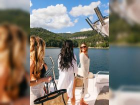 A group of friends enjoys a sunny day on a boat at the lake, showcasing the perfect setting for relaxation and fun on the water.