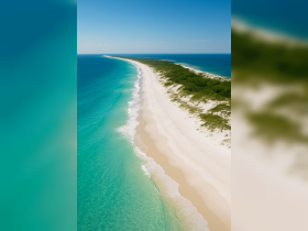 A stunning aerial view of a pristine coastline, showcasing the vibrant turquoise waters and sandy beaches — an ideal destination for relaxation and exploration.