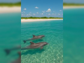 Two dolphins gracefully swim through crystal-clear waters, showcasing the beauty of marine wildlife in a serene coastal setting.