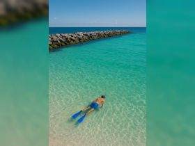 A snorkeler explores the vibrant underwater world in crystal-clear waters, showcasing the beauty of ocean adventures.