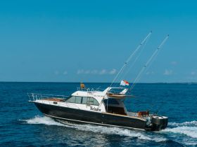 A sleek speedboat named 'Keintra' glides through the clear blue waters, showcasing its elegant design and fishing gear — perfect for adventurous outings on the sea.
