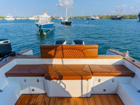 A cozy seating area inside a boat, featuring stylish leather upholstery and a view of the tranquil waters — perfect for relaxing during a day on the water.