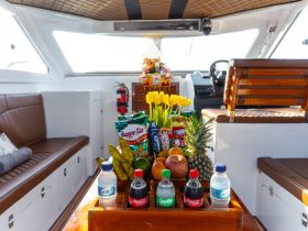A beautifully arranged selection of snacks and drinks onboard a boat, featuring fresh fruit and refreshments, perfect for a day out on the water.