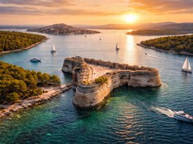 A stunning aerial view of a historic fortress at sunset, surrounded by sailboats and lush greenery — a picturesque scene capturing the beauty of coastal adventures.