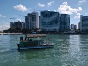 A tiki boat navigates the waters near a bustling cityscape, showcasing a unique vessel design against a backdrop of modern buildings.