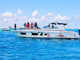 A lively group enjoys a fun day on the water, dancing and celebrating aboard a stylish boat, perfect for summer outings and parties.