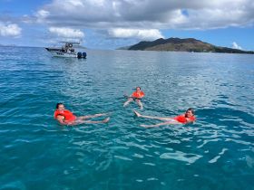 A group of friends enjoys a refreshing swim in crystal-clear waters while wearing life jackets, with a boat anchored nearby and an island in the background.