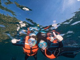 A couple enjoys snorkeling underwater, giving thumbs up while exploring vibrant marine life — a perfect adventure for water enthusiasts.