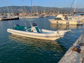 A sleek speedboat named 'Zappy 3' docked in a marina, surrounded by other vessels and scenic hills in the background, perfect for exploring coastal waters.