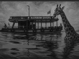 A giraffe interacts with a boat in the water, showcasing a unique wildlife encounter that blends nature and adventure.