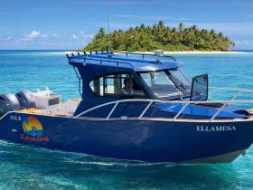 A sleek speedboat named 'ELLAMESA' navigates through crystal-clear waters, showcasing its vibrant design against a tropical island backdrop — perfect for adventure seekers.