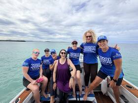 A lively group of women celebrates aboard a boat, showcasing camaraderie and fun on the water — perfect for adventure seekers and group outings.
