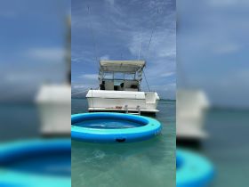 A vibrant inflatable pool floats in the clear waters next to a boat, perfect for a relaxing day on the water.