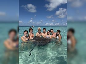 A group of friends enjoys a memorable encounter swimming with a stingray in crystal-clear waters, showcasing the thrill of wildlife experiences in tropical destinations.