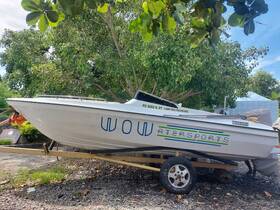 A speedboat named 'WOW Watersports' is docked, showcasing its sleek design amidst lush greenery — perfect for water adventures.