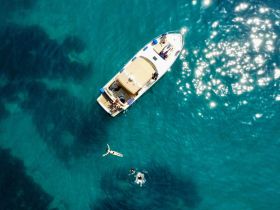 An aerial view captures a lively scene with guests enjoying the clear waters around a boat, perfect for summer adventures and aquatic fun.