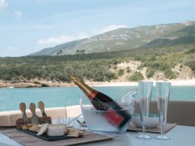 A beautifully arranged platter of cheese and snacks alongside chilled champagne, perfect for enjoying a luxurious day on the water.