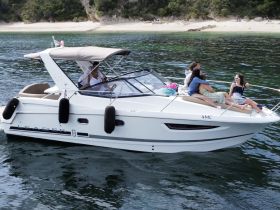 A lively group enjoys their time aboard a sleek boat, capturing the essence of summer fun and celebration on the water.