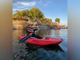 A joyful kayaker paddles through calm waters, surrounded by lush greenery and rocky landscapes — perfect for outdoor adventures and water sports.