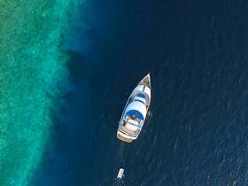 A stunning aerial view of a yacht cruising over vibrant turquoise waters, showcasing the beauty of the marine landscape.