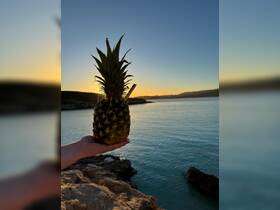 A hand holding a pineapple against a stunning sunset backdrop over calm waters, creating a tropical vibe perfect for summer getaways.