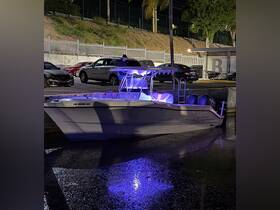 A sleek speedboat docked at night, illuminated with vibrant lights, showcasing its stylish design and perfect for evening outings.