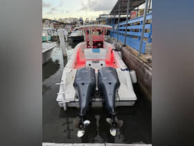 A sleek speedboat docked at the marina, showcasing its powerful twin engines and vibrant interior lighting — perfect for thrilling water adventures.