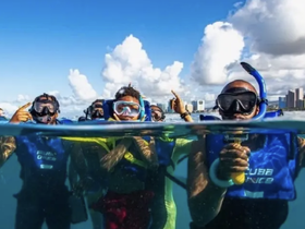 A group of snorkelers enjoys an underwater adventure, showcasing the excitement of exploring marine life in clear waters.