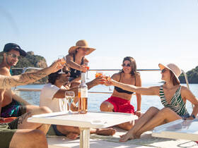 A lively group of friends toasts with cocktails on a yacht, enjoying a sunny day on the water — perfect for celebrations and memorable outings.