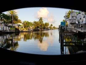 A serene view of a marina with boats docked and palm trees lining the waterway, showcasing a peaceful boating environment.