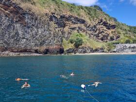 A group of friends enjoys a refreshing swim in clear waters near a scenic coastline, perfect for snorkeling and beach activities.