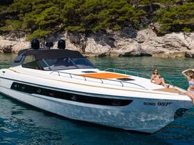 Two friends enjoy a sunny day on a luxury yacht named 'BOND 007', soaking up the sun and relaxing in beautiful waters.