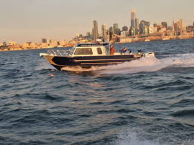 A fishing boat speeds through the water with a stunning city skyline in the background, capturing the excitement of a day on the water.
