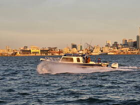 A sportfishing boat speeds through the water with anglers on board, showcasing a vibrant city skyline in the background — perfect for fishing adventures in urban settings.