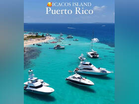 A stunning aerial view of multiple boats anchored near Icacos Island, Puerto Rico, showcasing a vibrant beach scene filled with visitors enjoying the crystal-clear waters.
