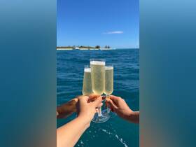 A group toasts with champagne flutes against a stunning ocean backdrop, perfect for celebrating special moments on the water.