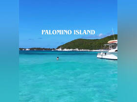 A serene view of a person swimming in the crystal-clear waters of Palomino Island, with boats anchored in the background — a perfect tropical getaway.