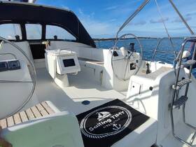 A well-equipped helm area inside a sailing yacht, showcasing the steering console and seating, perfect for navigating the open waters.