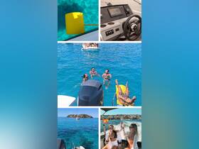 A lively group enjoys a fun day on the water, swimming and relaxing on a sunny beach trip, with stunning turquoise waters and island views.